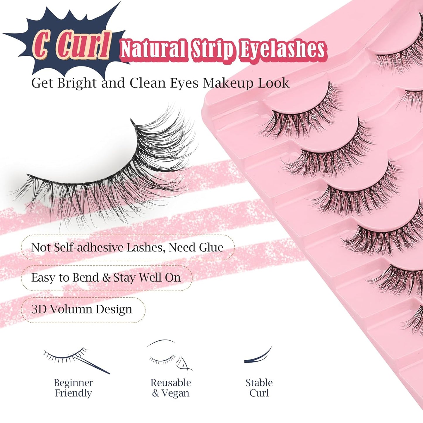 Natural Eyelashes Cat Eye Lashes Wispy Eyelash with 0.1MM Thin Band Strip Lash C Curl 7 Pair