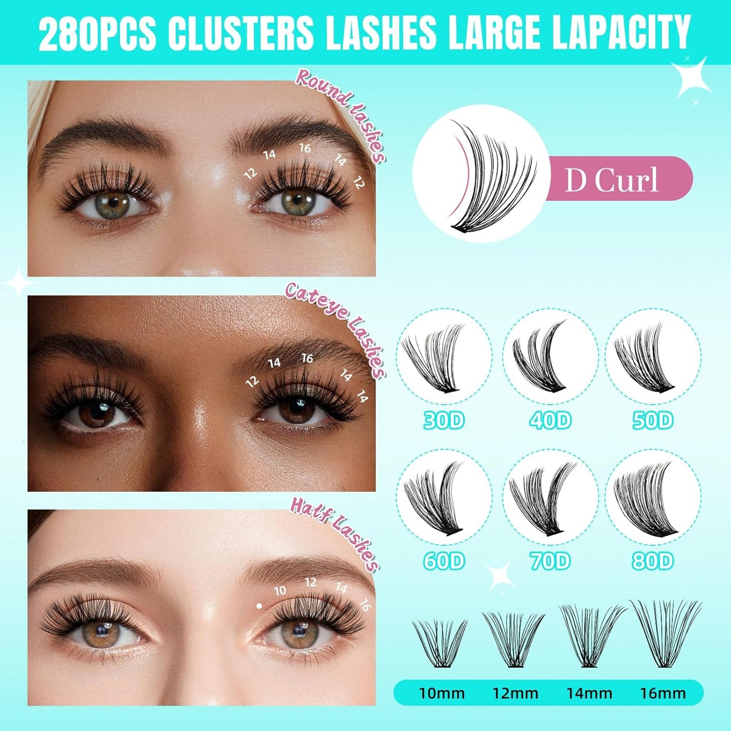 Lash Clusters Wispy 280PCS Eyelash Extension 30D Cluster Lashes Individual Lashes DIY Lash Extension Natural Look Cluster Eyelash Extensions Soft False Eyelashes at Home for Beginners(14mm)