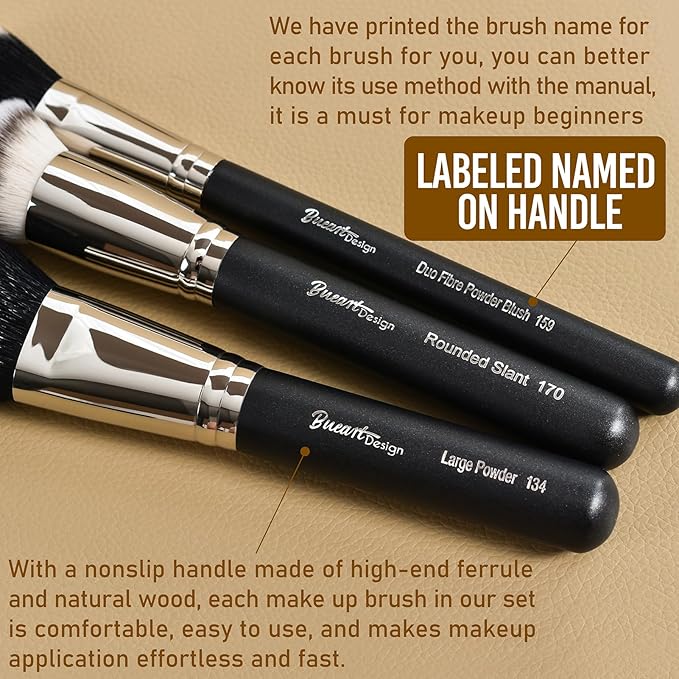 Makeup Artist MUST HAVES 42Pcs Makeup Brushes Set with Real Natural Goat Hair By BUEART DESIGN (42Pcs Matte Pearl Black)