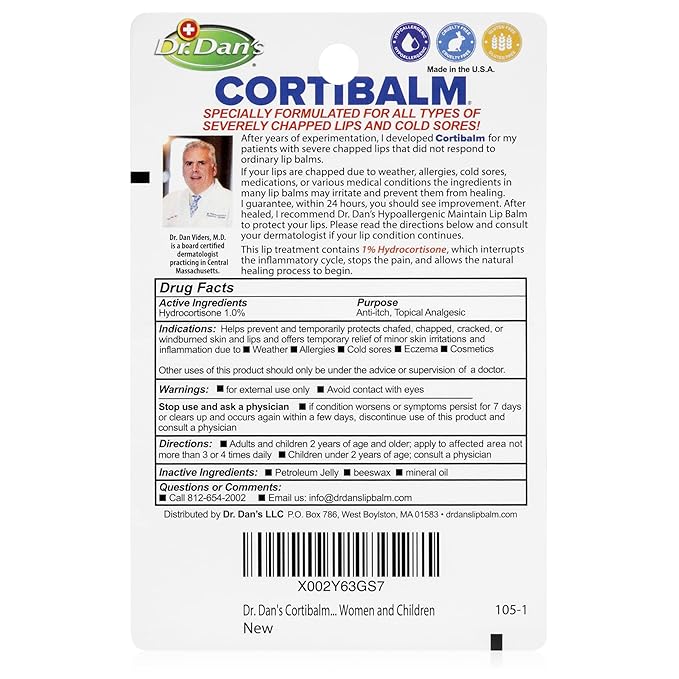 Dr. Dan's Cortibalm- 4 Pack - for Dry Cracked Lips - Healing Lip Balm for Severely Chapped Lips - Designed for Men, Women and Children