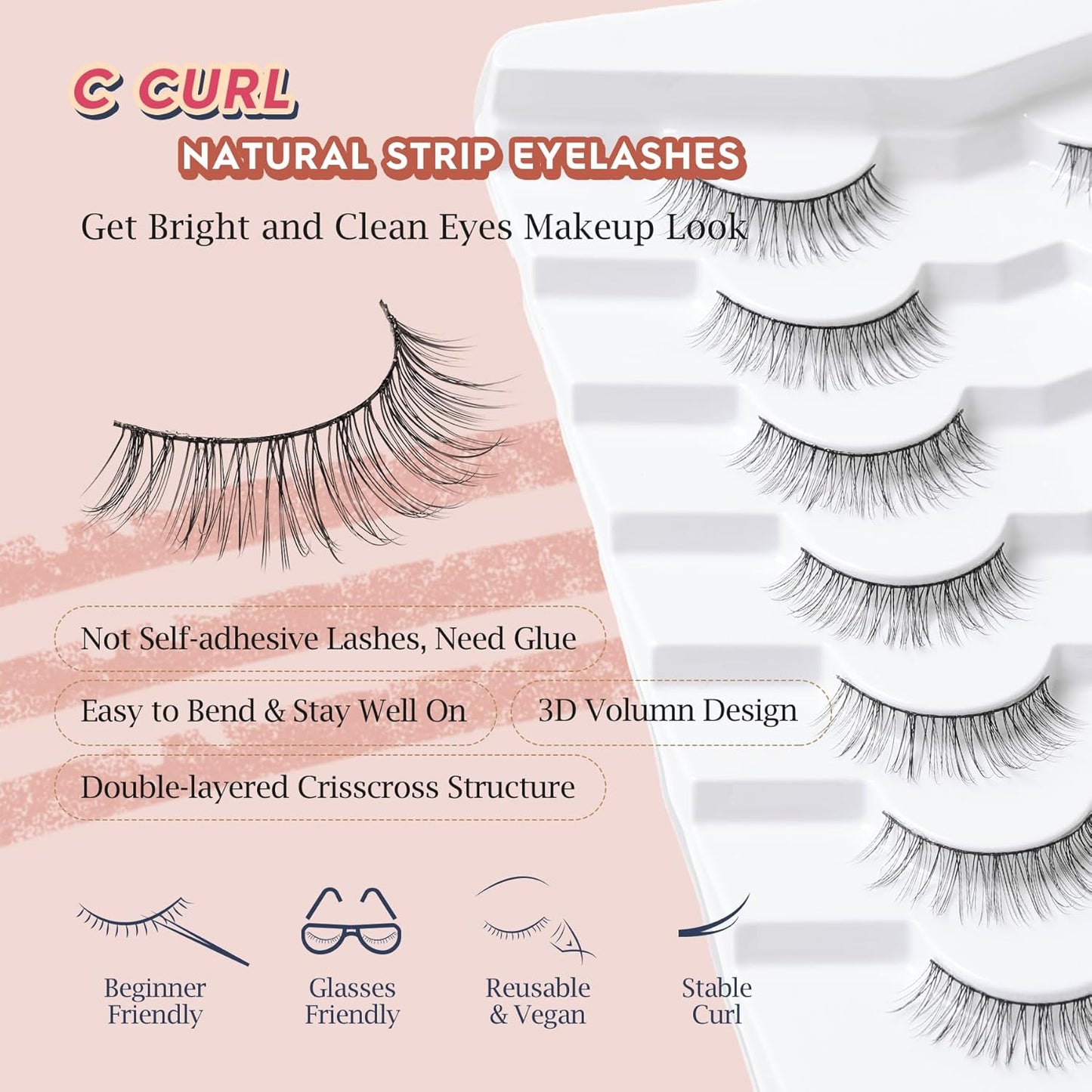 False Lashes Eyelashes Wispy 10MM Short Lash Natural Thin Band Strip Eyelash 3D Volume C Curl 7 Pair
