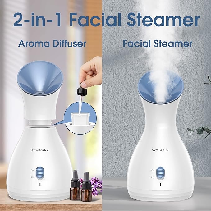 Newbealer 2in1 Facial Steamer, Hot Mist Facial Aromatherapy Humidifier Atomizer, Large Face Steamer Unclogs Pores Sinuses Moisturizing, Home Sauna Spa with Eyebrow Set (Blue, 170ml)