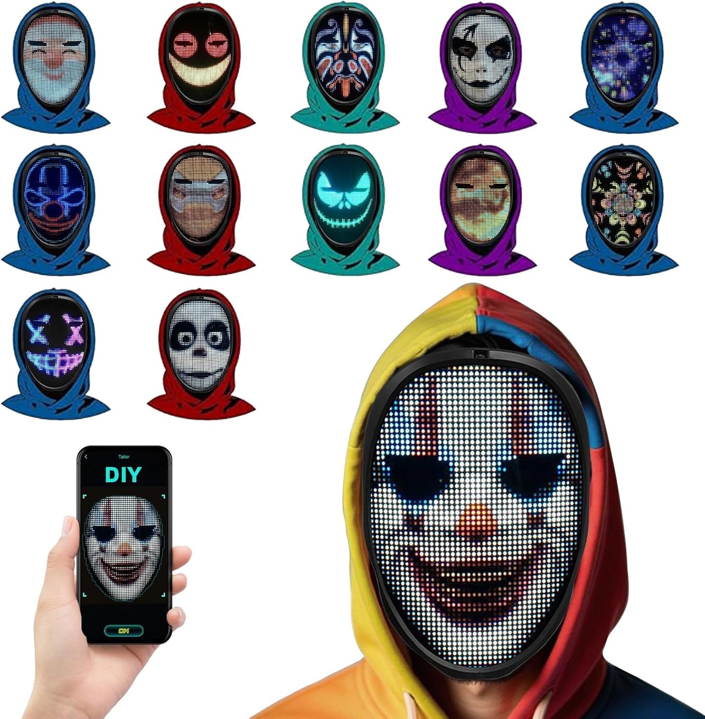 DIY LED Mask with Gesture Sensing - App-Programmable - Perfect for Kids and Teenager for Halloween and Christmas Costume Play Parties