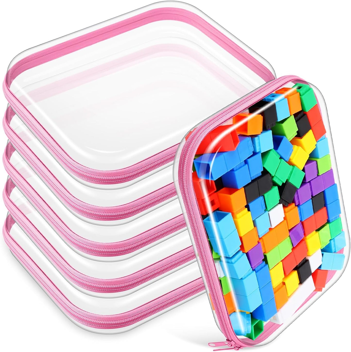 Sanwuta 6 Pcs Clear Hard Zipper Case Pencil Pouches Hard Plastic Zipper Pouches Makeup Bag Transparent Cases for Snacks Plastic Storage Organizer Box for Travel(Pink,9.84 x 7.87 x 2 Inch)