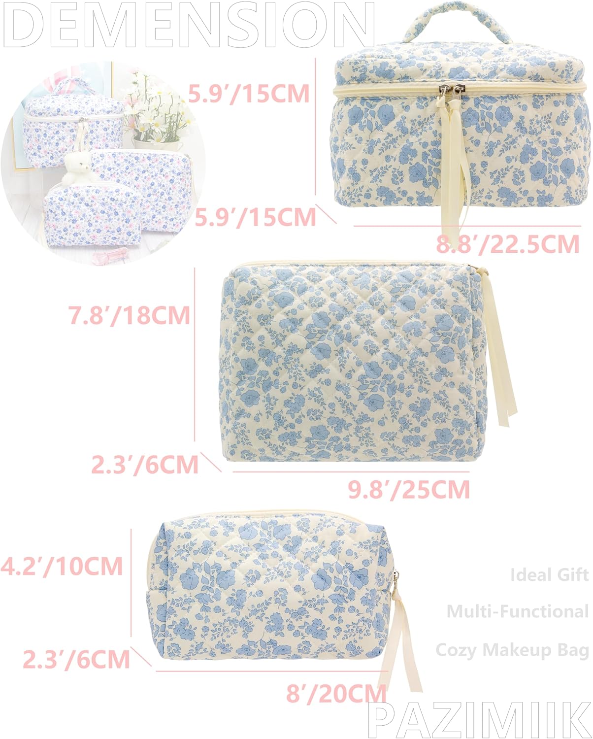 PAZIMIIK 3PCS Makeup Bag SET Large Travel Quilted Zipper Soft Cosmetic Case Pouch for Women Girls Make Up,Little Flower Blue