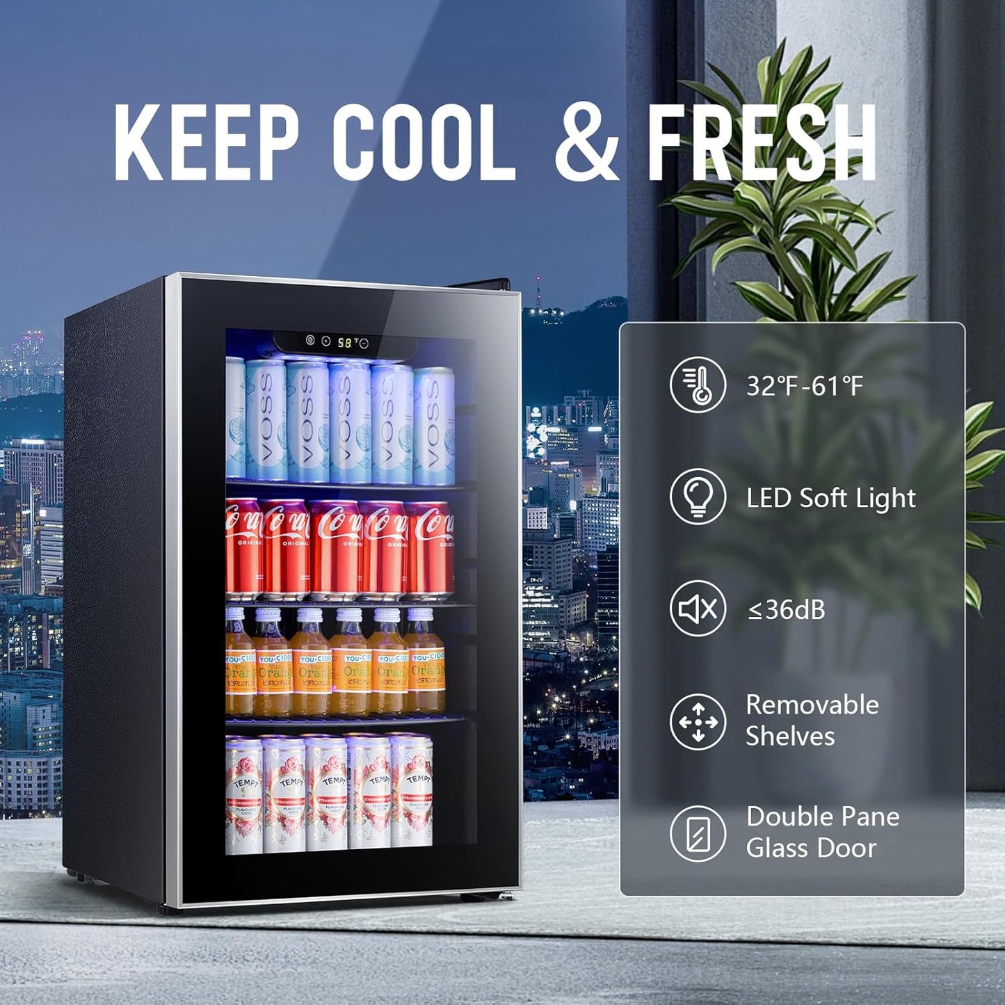 Antarctic Star Beverage Refrigerator Cooler ETL Approved - 95 Can Mini Fridge Glass Door for Soda Beer Wine, 32-61℉, Quiet Compressor, Removable Shelves for Home, Office or Bar, 2.3 cu.ft