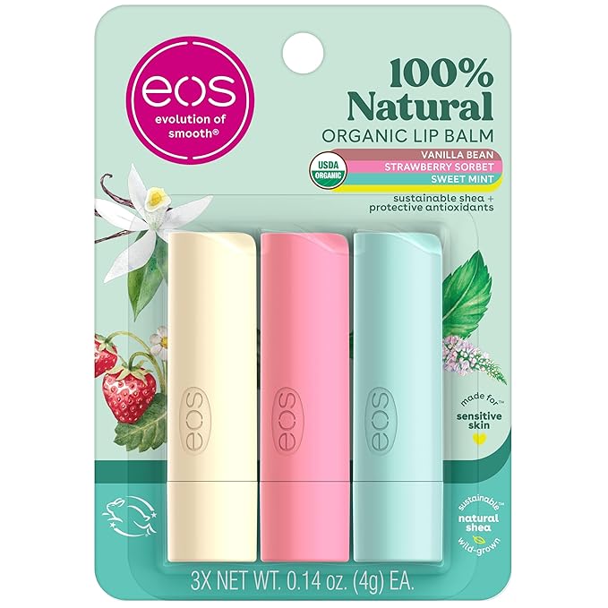 eos 100% Natural & Organic Lip Balm Trio- Vanilla Bean, Sweet Mint, & Strawberry Sorbet, Made for Sensitive Skin, Lip Care Products, 0.14 oz, 3-Pack