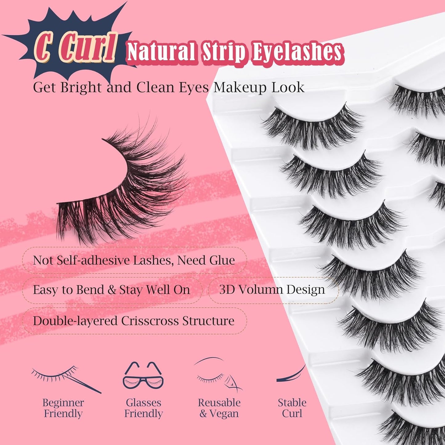 Wispy Lashes False Eyelashes Natural 16mm Fluffy Eyelashes Strip Lashes Pack 3D Volume Lashes 0.1MM Extra Thin Cotton Band Fake Eyelashes Soft Full Lashes C Curl Lashes Pack Siligli 7 Pair