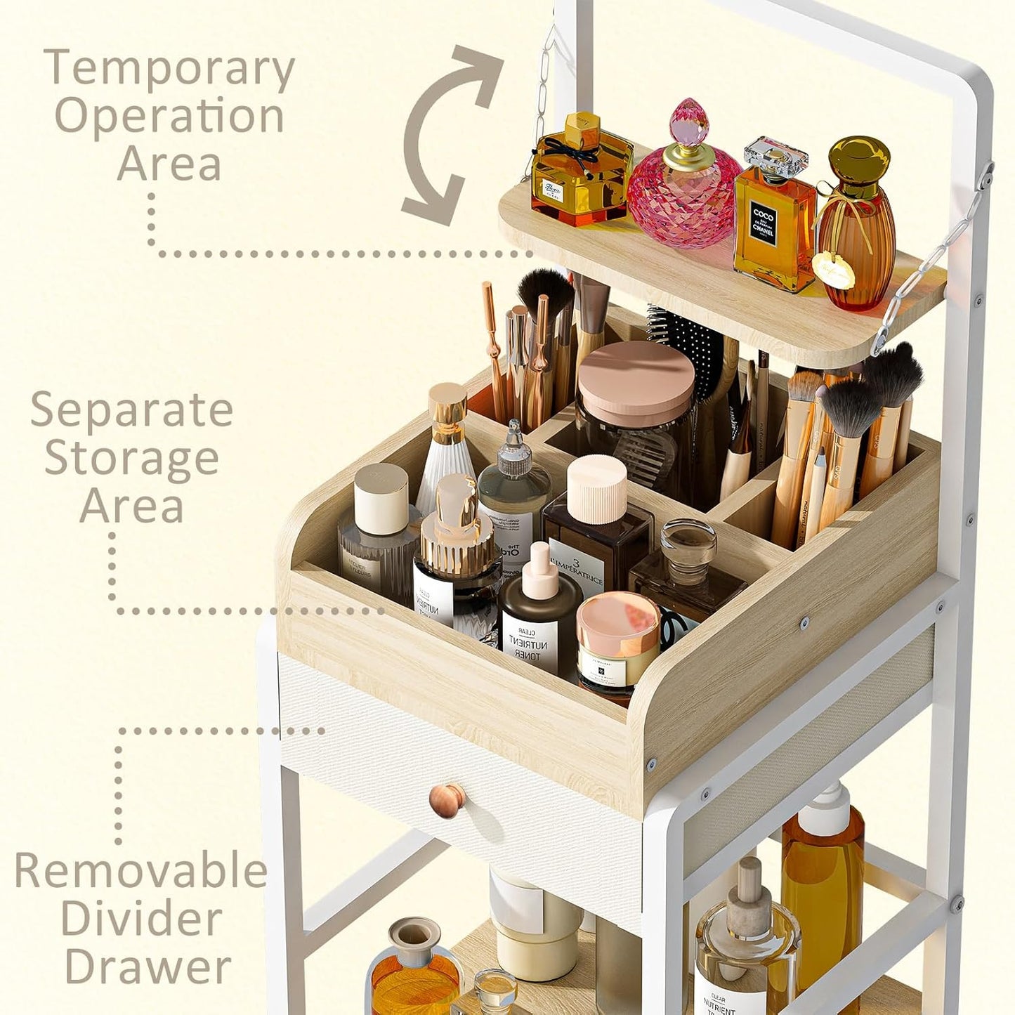 Wisdom Star Makeup Organizer Cart with 2 Drawers, Floor Skincare Organizers, Makeup Storage, Vanity Organizer, Cosmetics Display, Versatile Skin care Perfume Nail Polish Storage Rack for Bathroom