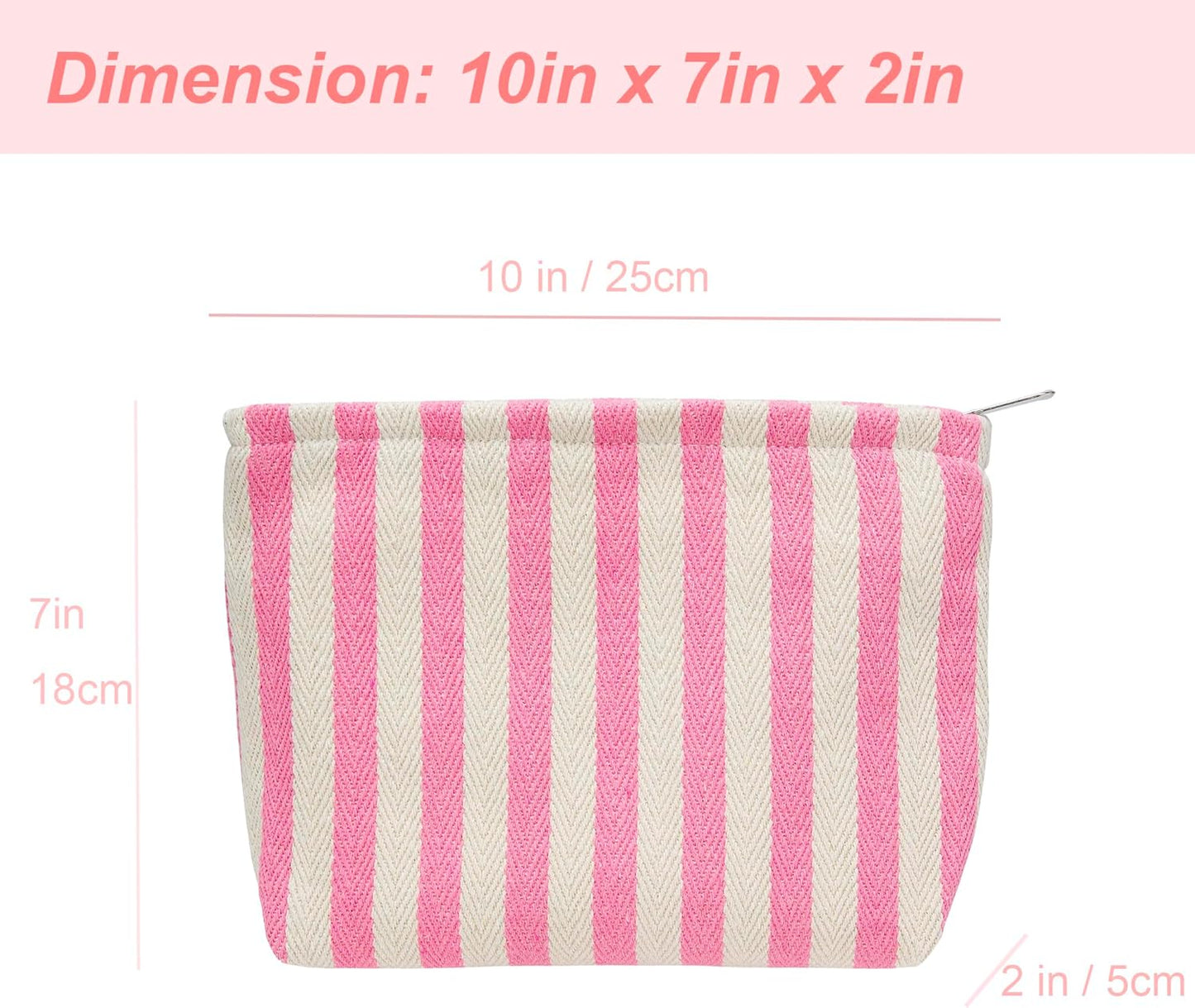 Makeup Bag Large Cotton Zipper Pouch for Purse Travel Canvas Make Up Organizer for Women Cosmetic,Stripe Pink