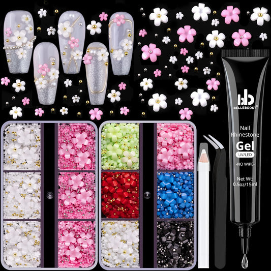 3D Flowers, Manicure Kit with Gel Glue, Colorful Acrylic Flower Nail Charms with Caviar Beads, Rhinestones + Gem Glue for Nails (UV/LED Needed) with Dotting & Pickup Tools