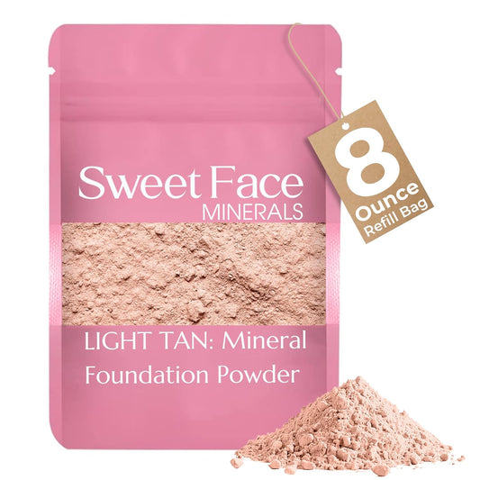 (8 Ounce) (Light Tan) Foundation Powder Refill By Sweet Face Minerals, Lightweight Mineral Loose Makeup Powder with SPF 20, Full Coverage Flawless Finish, Talc-free, Cruelty-Free, Refillable Pouch