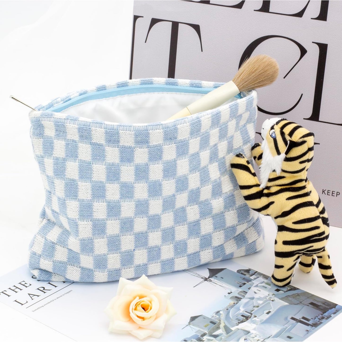 PAZIMIIK Knit Checkered Makeup Bag Large Zipper Make Up Accessory Pouch for Purse Cosmetic Brush Bag for Travel Essential,Blue