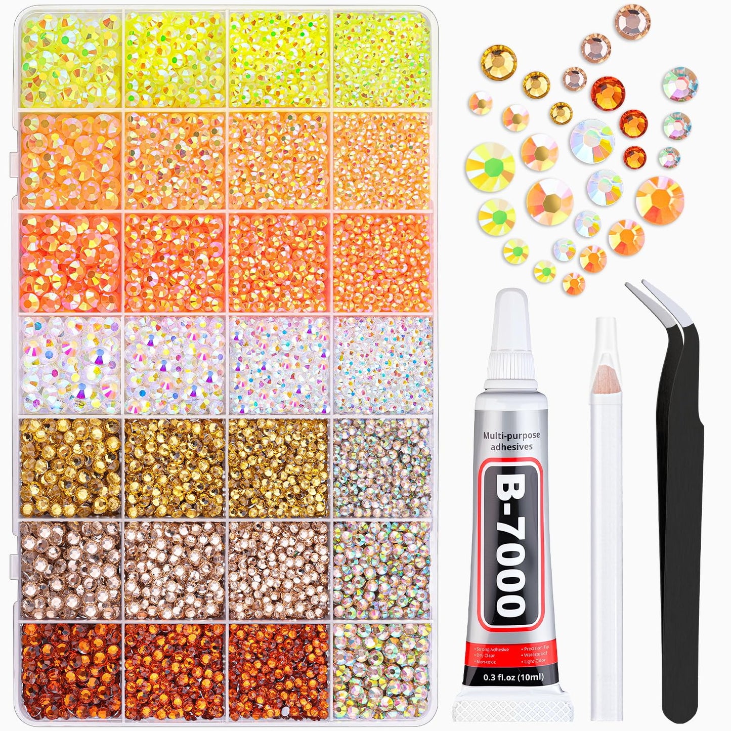 20000Pcs Yellow Rhinestones for Bedazzling with 1Pcs B7000 Jewelry Glue, Resin Rhinestones for Crafting Crafts DIY, Bedazzler Kit Gems for Clothing Shoes Tumblers Nail Art Assorted Size 3/4/5/6mm