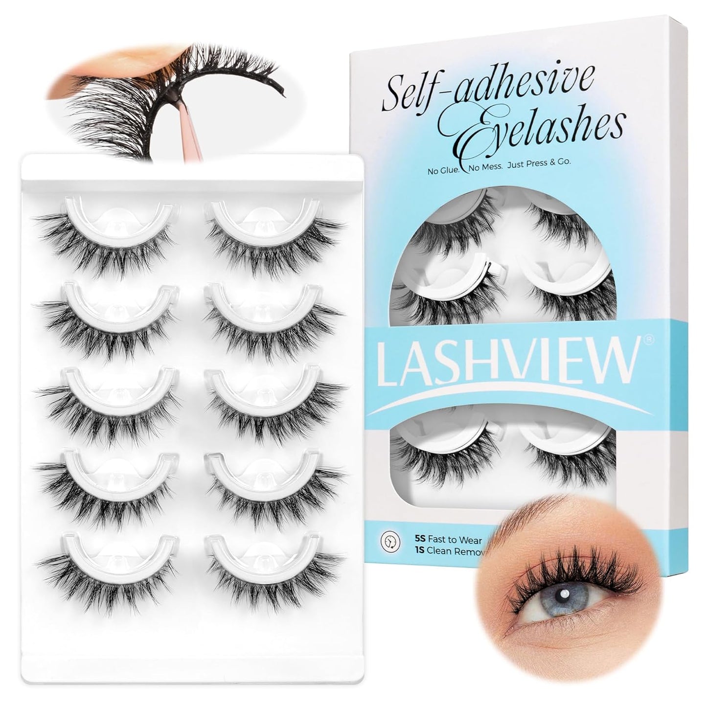 LASHVIEW Self Adhesive Eyelashes 5 Pairs Cat Eye Wispy Self-adhesive False Lashes Reusable Natural Look Press On Lashes No Glue Need Eyelashes with Replacement Adhesive Strips (CV105)