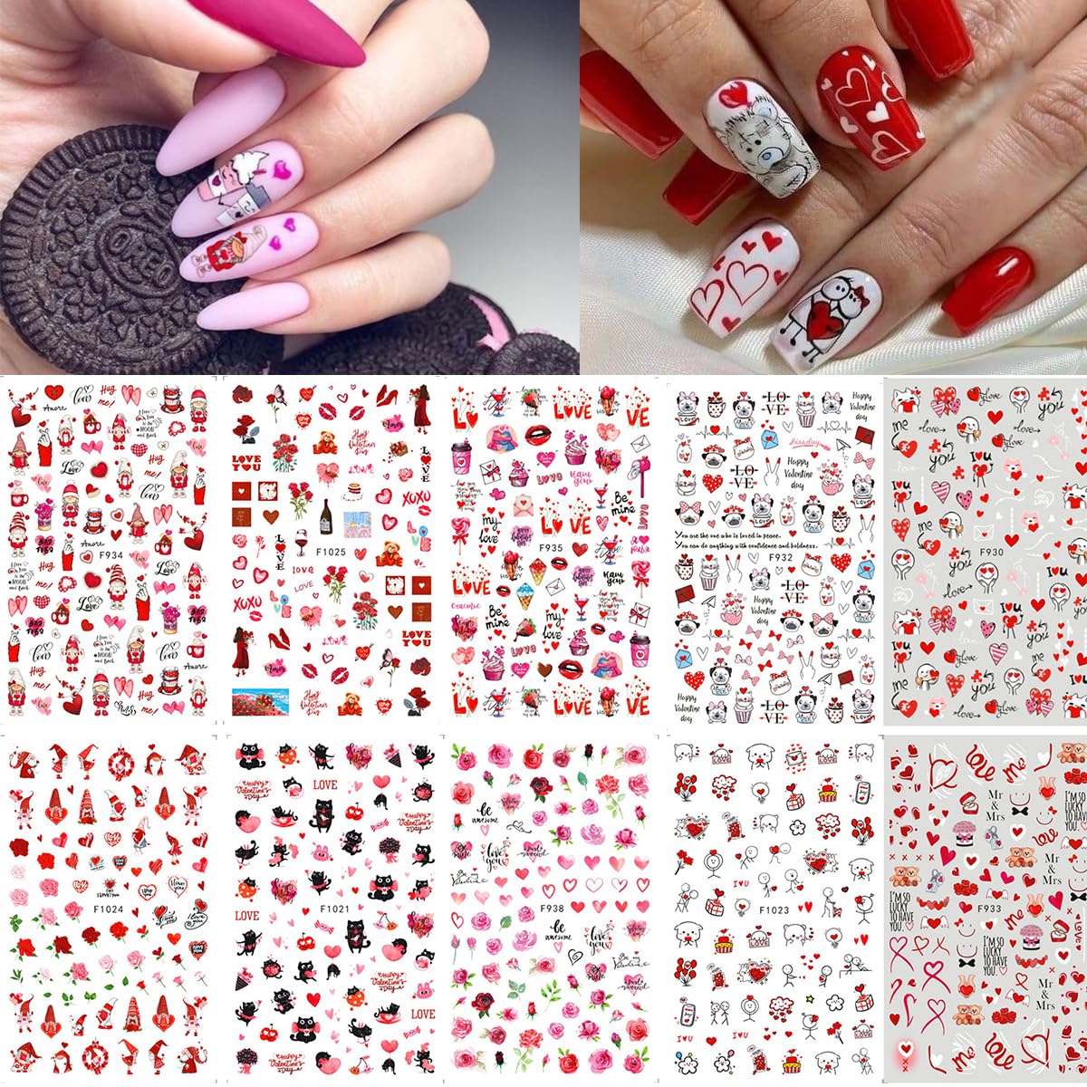 10 Sheets Valentines Day Nail Art Stickers 3D Heart Nail Decals Self-Adhesive Nail Art Design Decals Nail Supplies Red Pink Rose Sexy Lips Love Gnome Nail Stickers for Women DIY Manicure Decoration