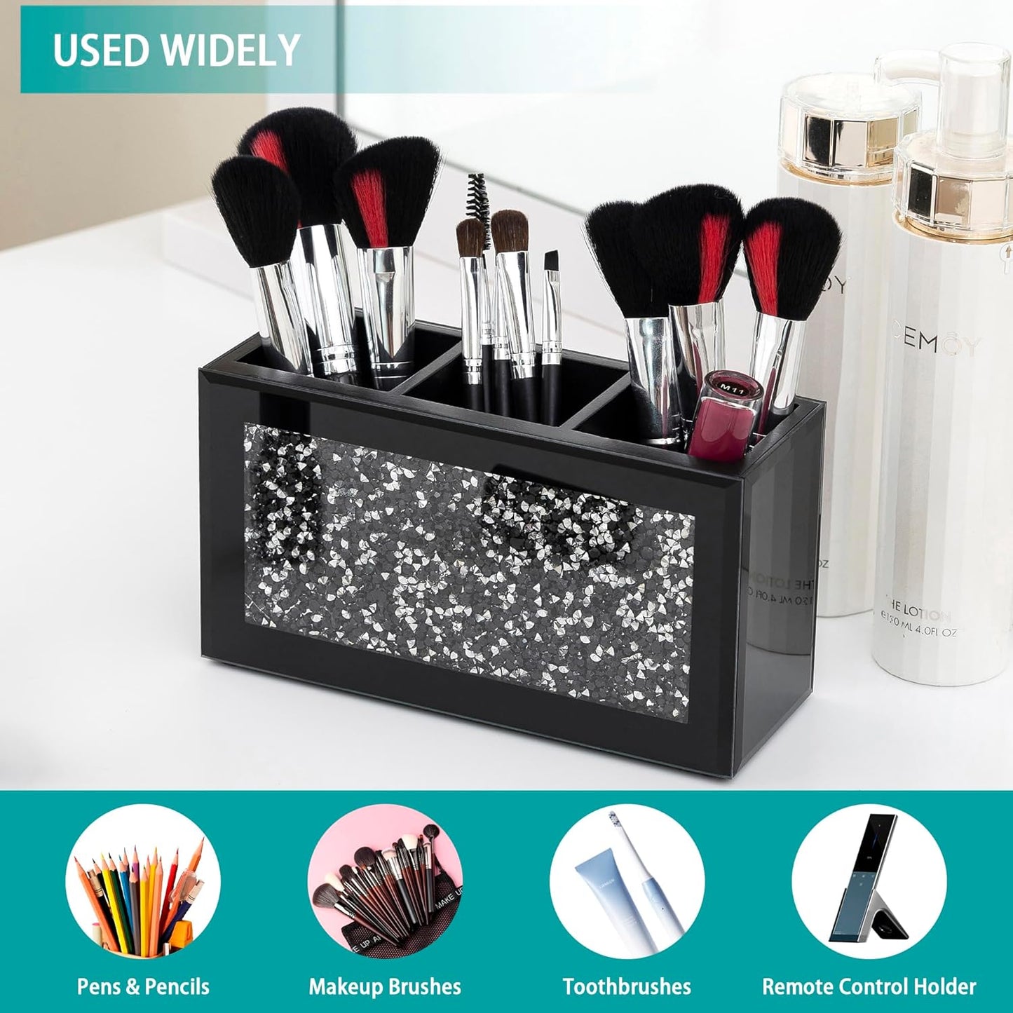 SHYFOY Black Makeup Brush Holder Organizer, 3 Slots Glass Cosmetic Brushes Storage Holder with Crushed Diamond, Pencil Pen Holder for Desk, Desk Organizer and Accessories for Vanity