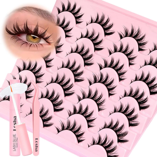Losha Lashes Spiky Manga Lashes 14 Pairs Wispy False Eyelashes Natural Eye Lashes Kit with Lash Glue and Lash Tweezers Soft Anime Fake Eyelashes (Fairy)