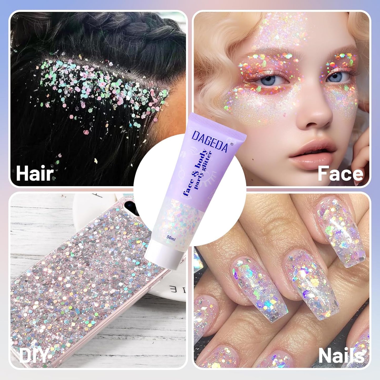DAGEDA Rainbow Color Body Glitter Gel, Holographic Face Glitter Body Gel Rave Party Accessories, Chunky Glitters for Face Hair Nails, Cosmetic Laser Powder Festival Sequins Paint Makeup