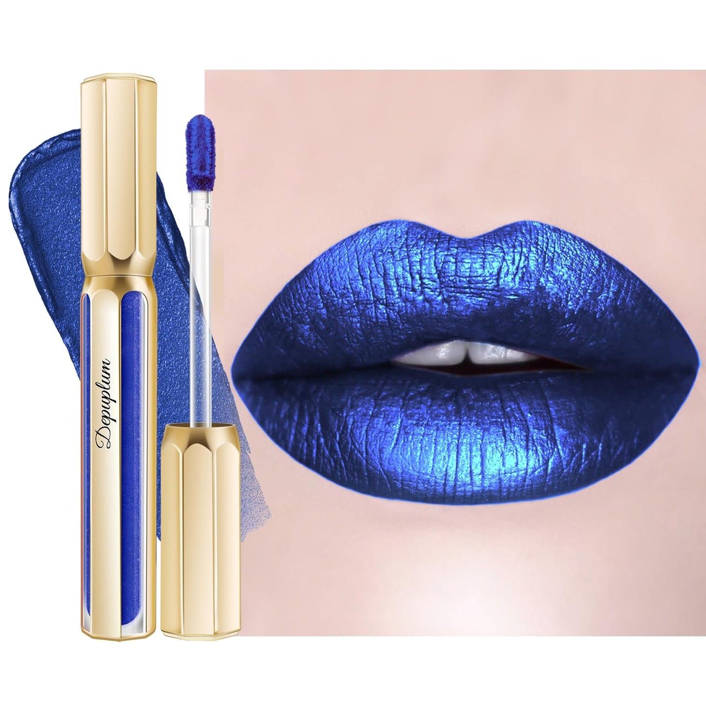Blue Lipsticks for Women Metallic Lipstick Long Lasting Non Stick Cup Lip Gloss, Shimmer Lightweight Hydrating Full Coverage Lip Color, DP118 R&B