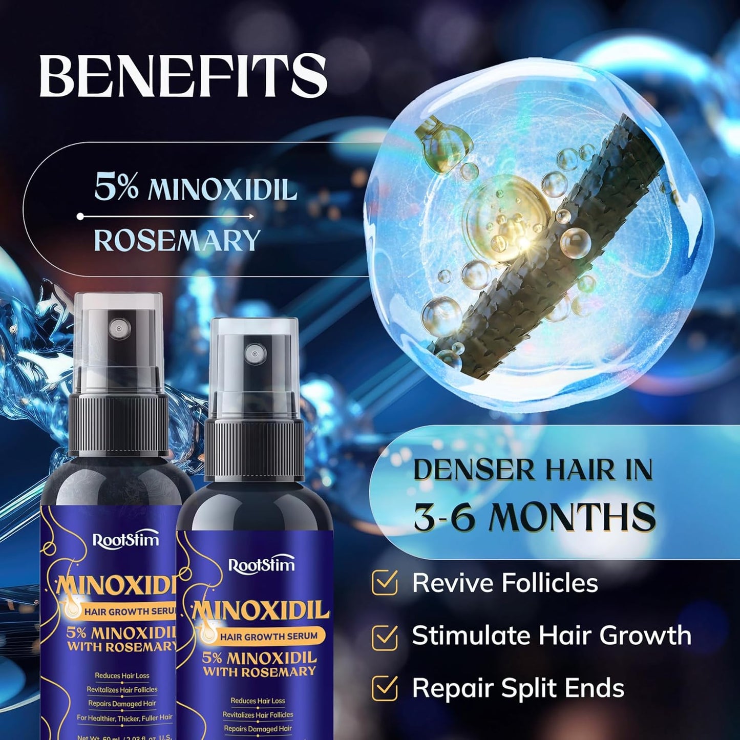 5% Minoxidil Hair Growth for Men and Women: 2-Pack Extra Strength Minoxidil Hair Loss Treatment Serum with Rosemary for Faster Stronger Thicker Hair Growth - 60ML Each