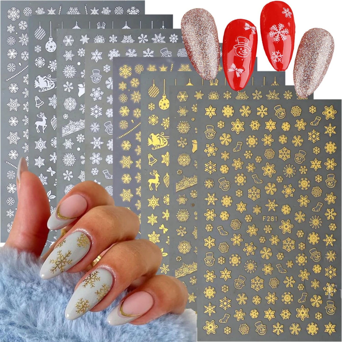 8 Sheets Snowflakes Nail Stickers- 3D Christmas Nail Art Stickers Self-Adhesive Winter Nail Decals White Gold Snowflake Balls Elk Designs Christmas Sticker for Nail Art Women DIY Xmas Nail Decoration