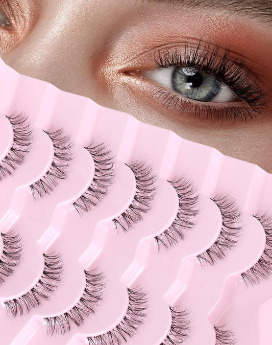Short Lashes Natural Look Everyday Wispy False Eyelashes Clear Band Strip Eyelash Soft Lashes Fluffy Pack 7 Pairs SF-01