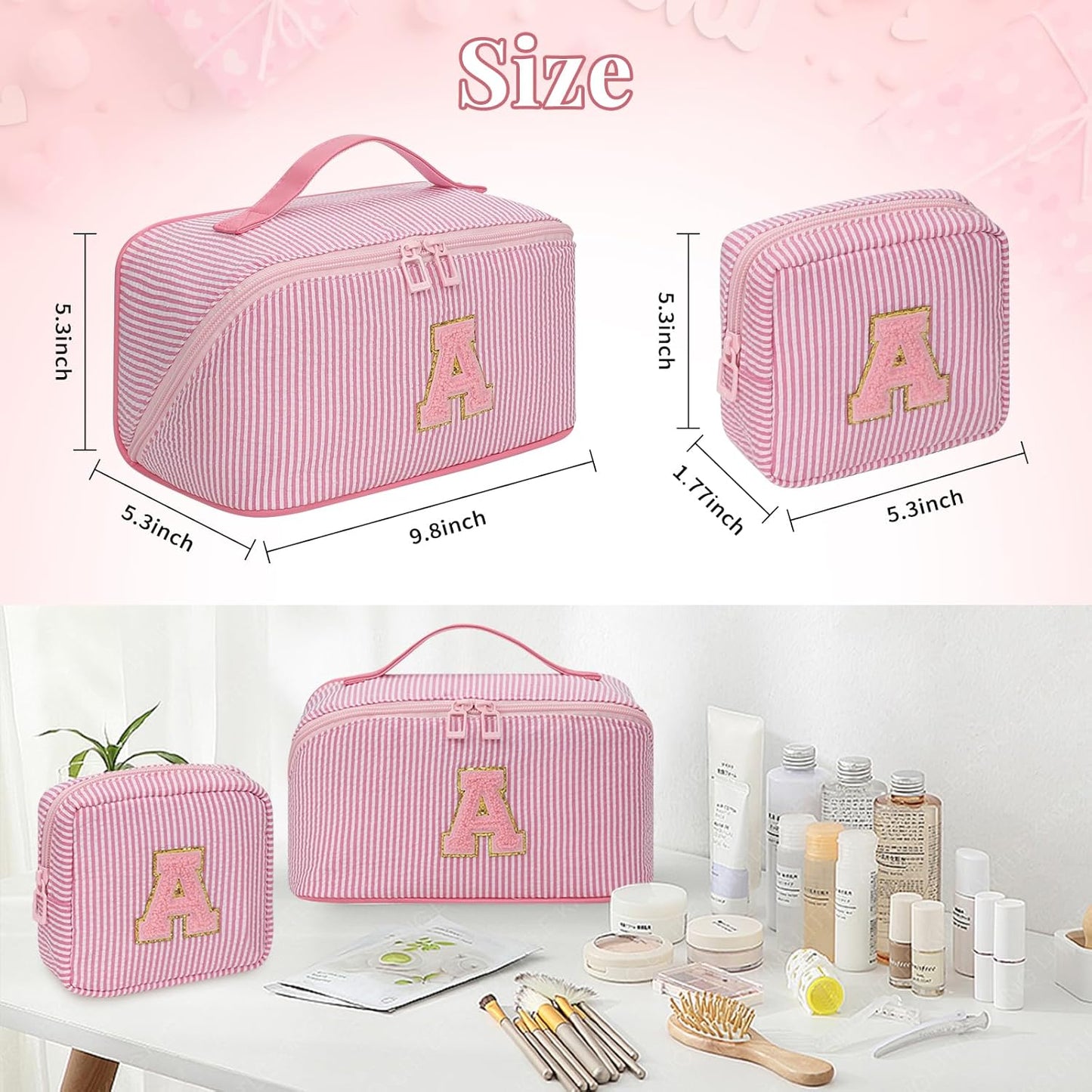 Travel Makeup Bag for Women, 2Pcs Portable Personalized Initial Makeup Organizer Bag, Open Flat Large Cosmetic Bag With Travel Essential Pouch (Pink Letter R)