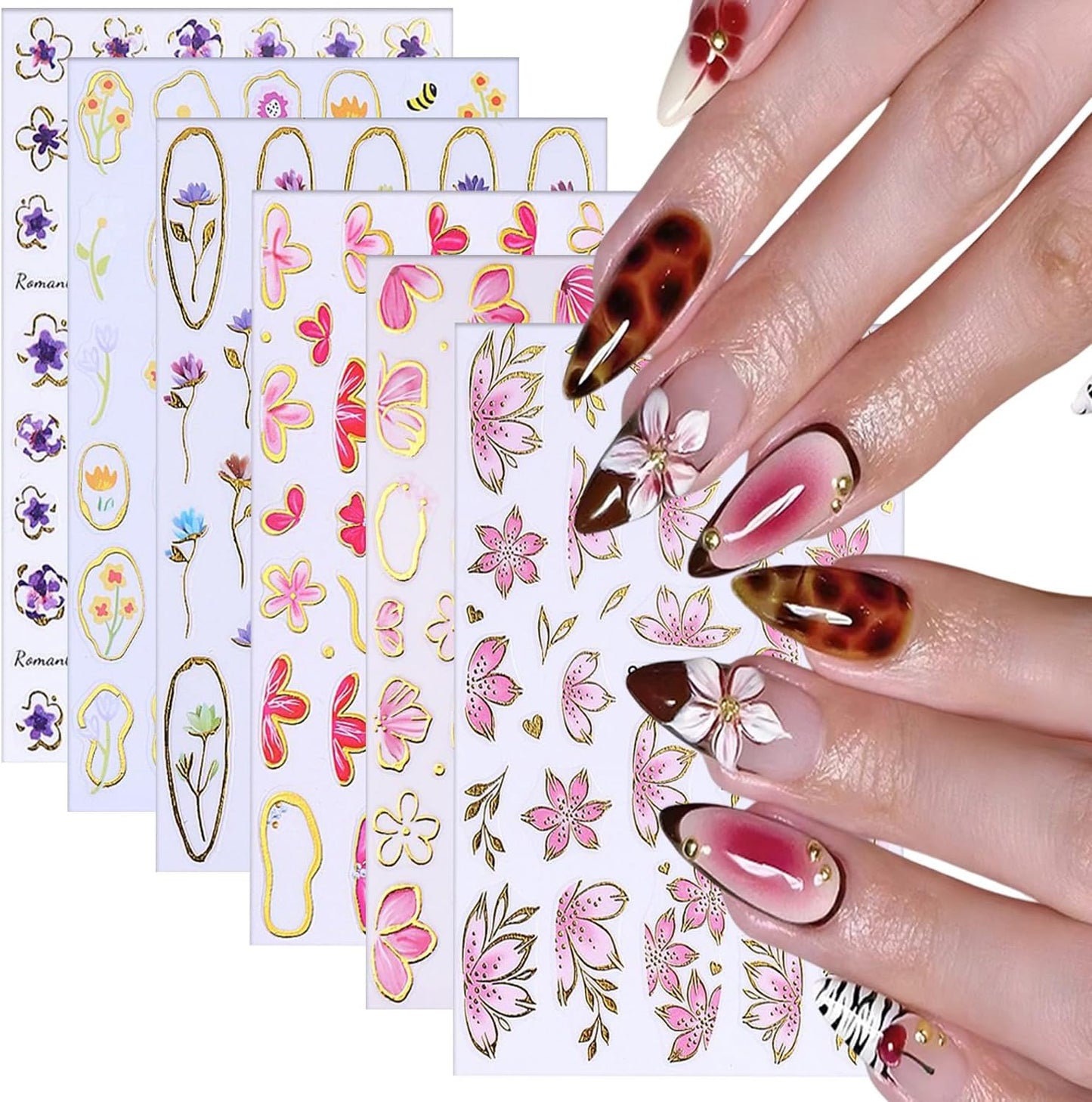 6 Sheets Flower Nail Art Stickers 3D Self-Adhesive Hot Stamping Blossom Nails Sticker Spring Nail Art Decals Holographic Floral Nails Decal Decoration for Women Flowers Manicure DIY Nail Supplies