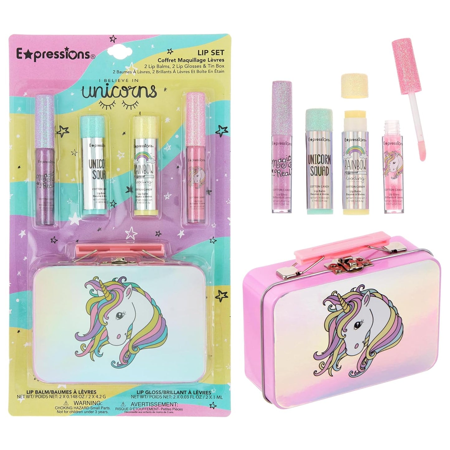Expressions - 5pc Cosmetics Lip Kit For Kids w/Lip Glosses, Lip Balms & Tin Box Storage Case,I Believe in Unicorns Hologrpahic,Washable + Non Toxic