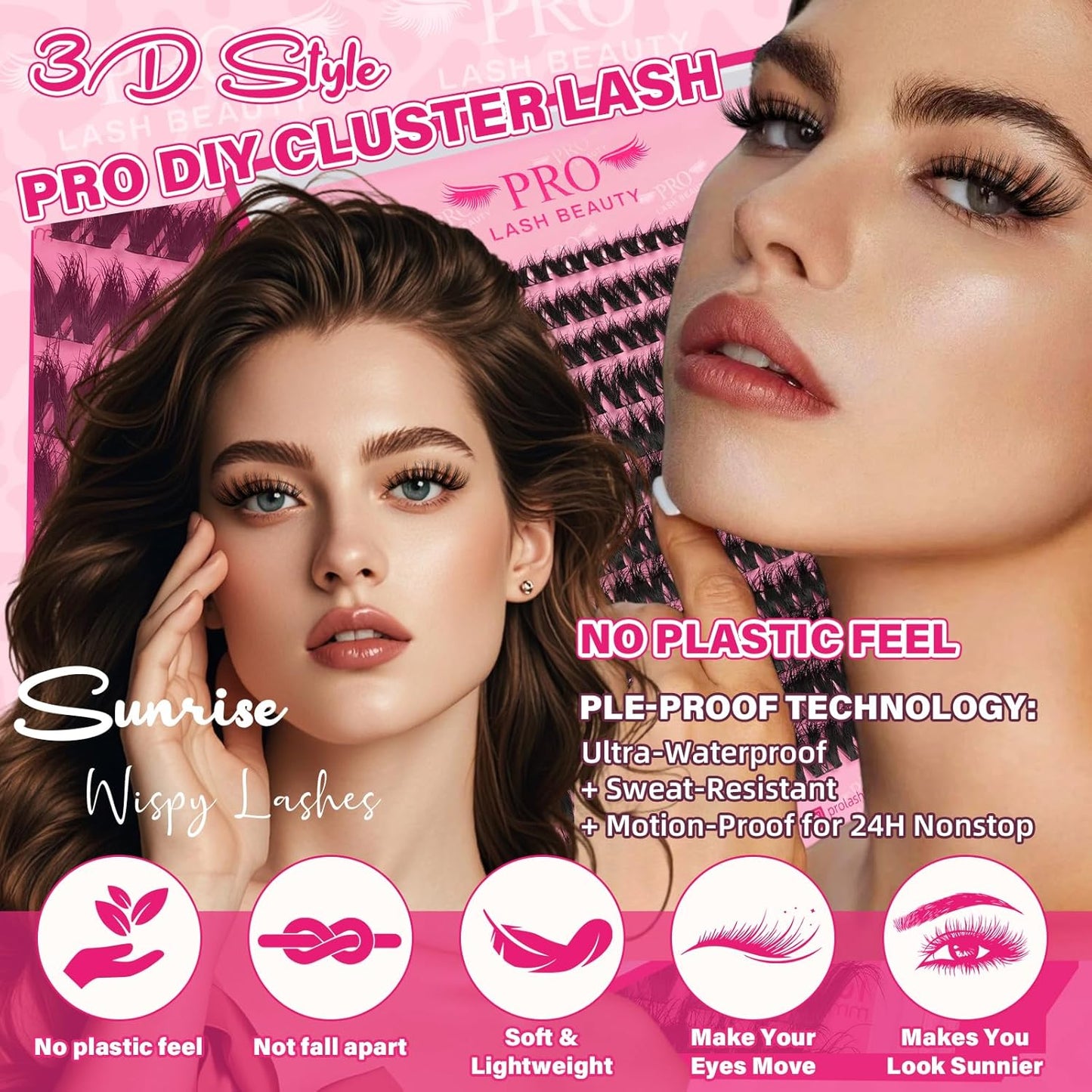 PROLASHBEAUTY Lash Clusters Kit Flora Eyelash Clusters 3D Volume Dramatic Soft Plushy Clusters Lashes Kit with Waterproof Lash Bond and Seal Eyelash Applictor Remover (Sunrise,8-16mix)