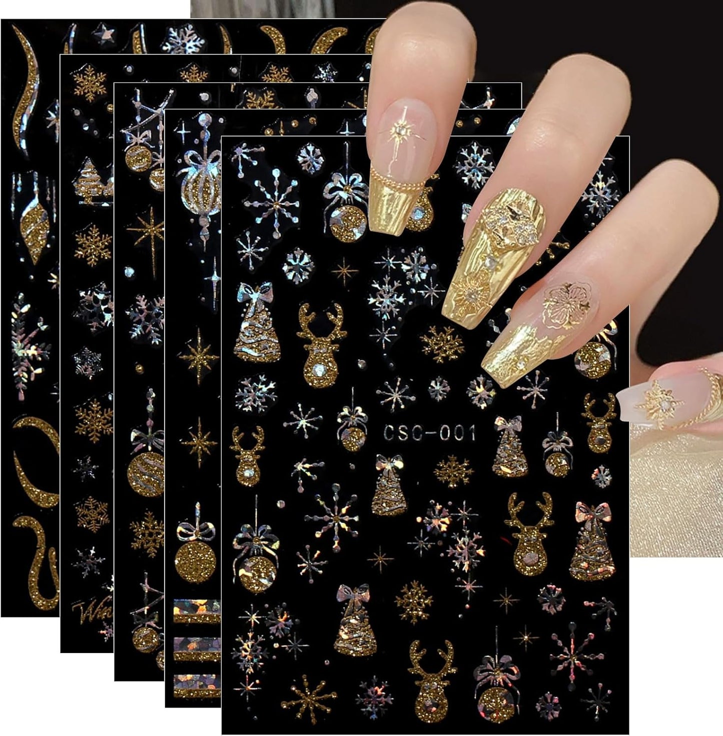 JMEOWIO 8 Sheets Christmas Gold Glitter Silver Nail Art Stickers Decals Self-Adhesive Snowflake Winter Holiday Nail Supplies Nail Art Design Decoration Accessories