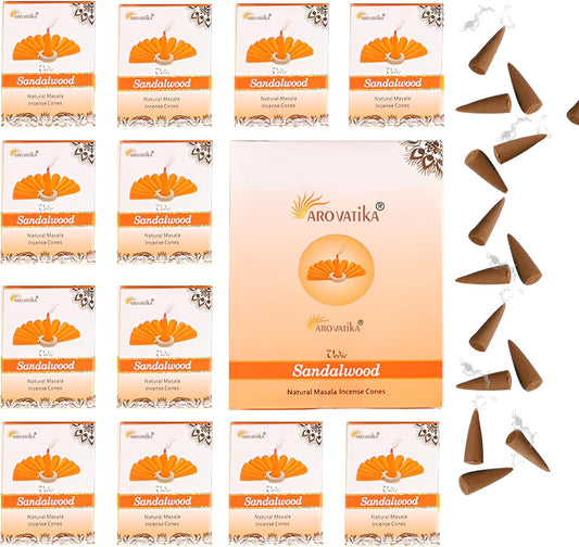 ARO VATIKA Vedic Sandalwood Natural Masala 120 Incense Cones in Pack of 12 Boxes| Environment-Friendly Dhoop- Best for Prayer, Reiki, Meditation and Relaxation | Burn time- 25 mins