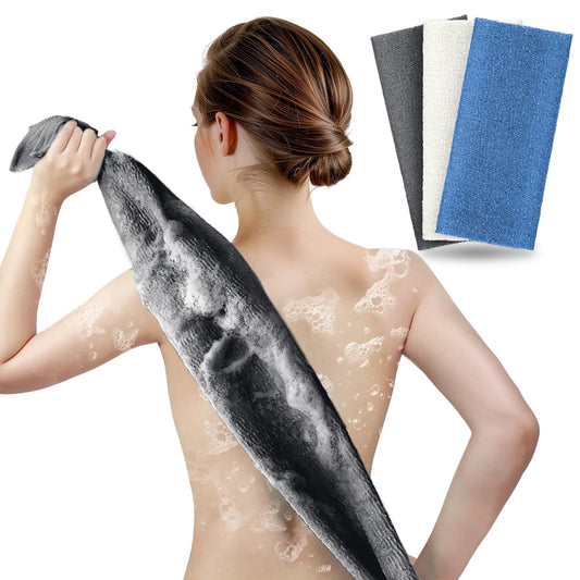 ARCH&M Exfoliating Back Scrubber & Body Washcloth (3 Pack), 35-Inch Japanese Exfoliation Towel for Shower, Deep Cleansing Nylon Beauty Cloth for Smooth Skin (Black Off-White Navy-Blue)