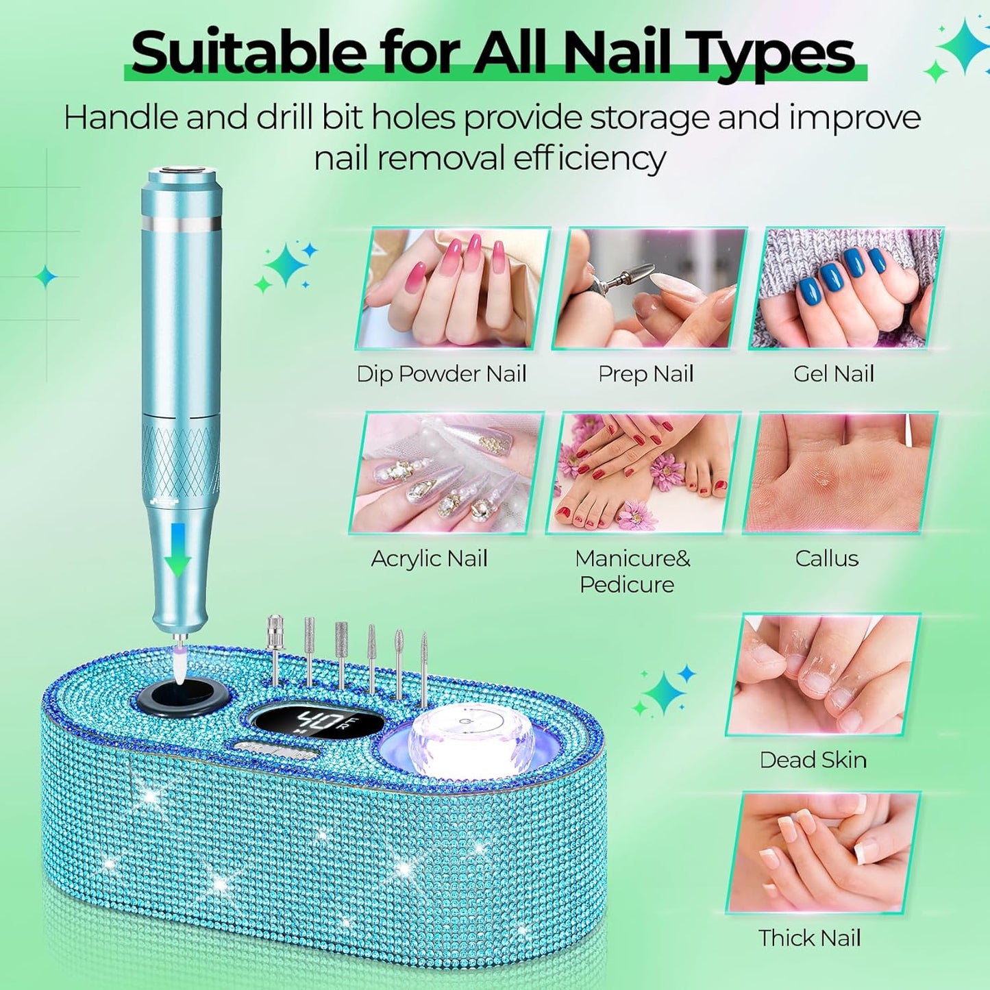 Electric Nail Drill Professional: Shiny 40000RPM Electric Nail File Kit E File Nail Drill Machine with LCD Display for Acrylic Gel, Manicure Pedicure Polishing Grinder for Salon Home, Diamond