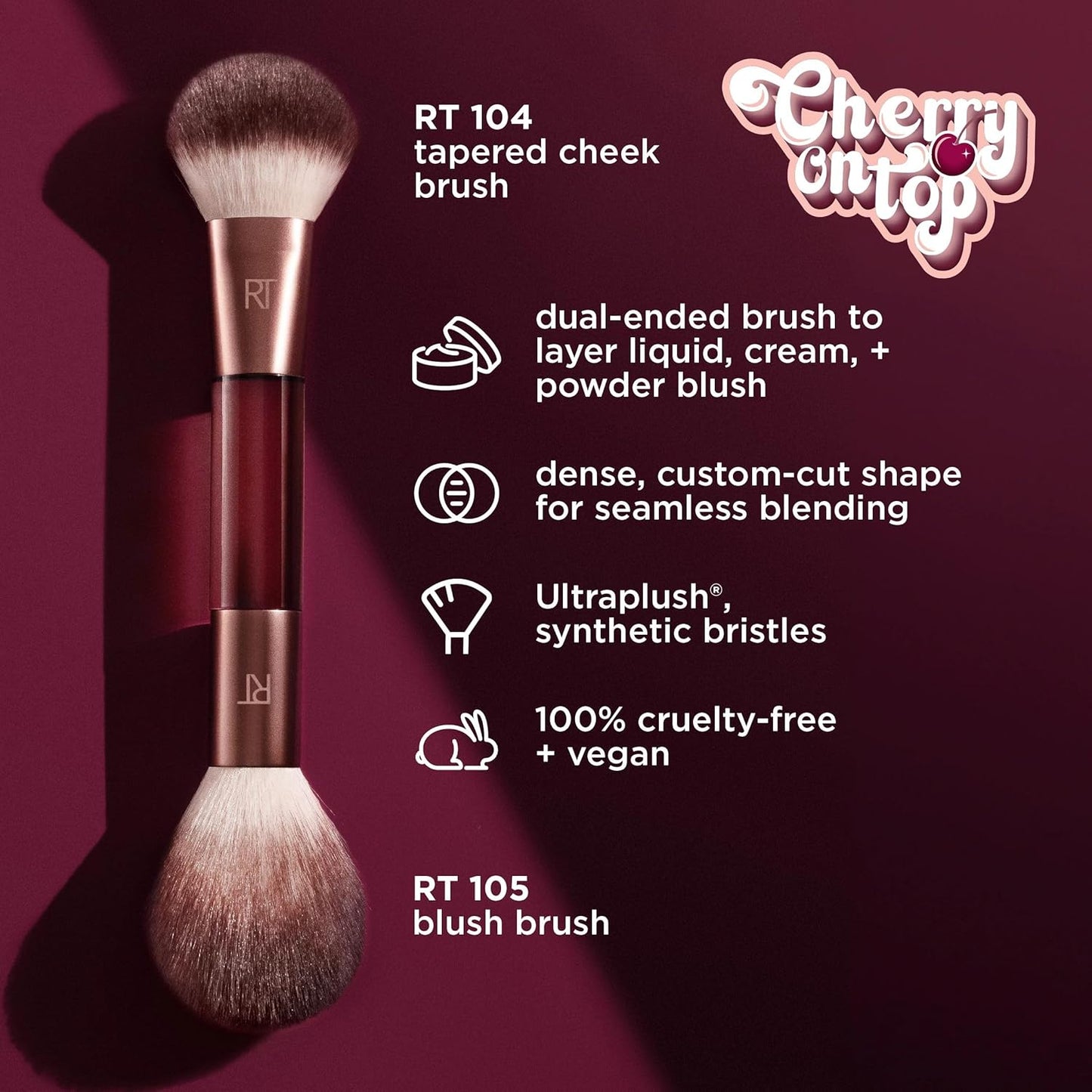 Real Techniques Cherry On Top It’s All Blush Brush, Dual-Ended & Multipurpose Makeup Brush for, Powder, Liquid & Cream Blush, Synthetic Bristles, Vegan & Cruelty-Free Face Brush, 1 Count