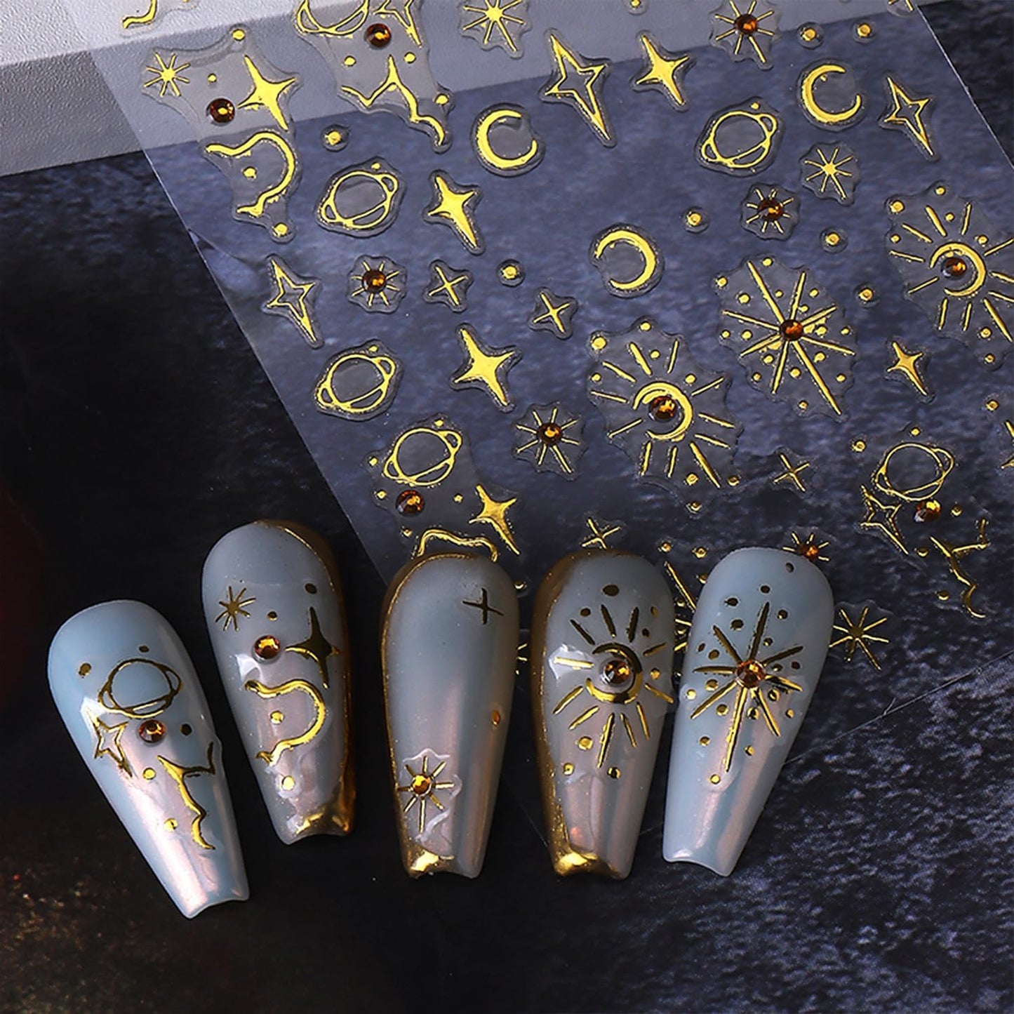 5 Sheets Metallic Gold Nail Art Stickers 3D Self-Adhesive Nails Stickers Bohemian Sun Moon Hexagram 3D Decal Supplies Women DIY Gold Metal Nail Art Decoration