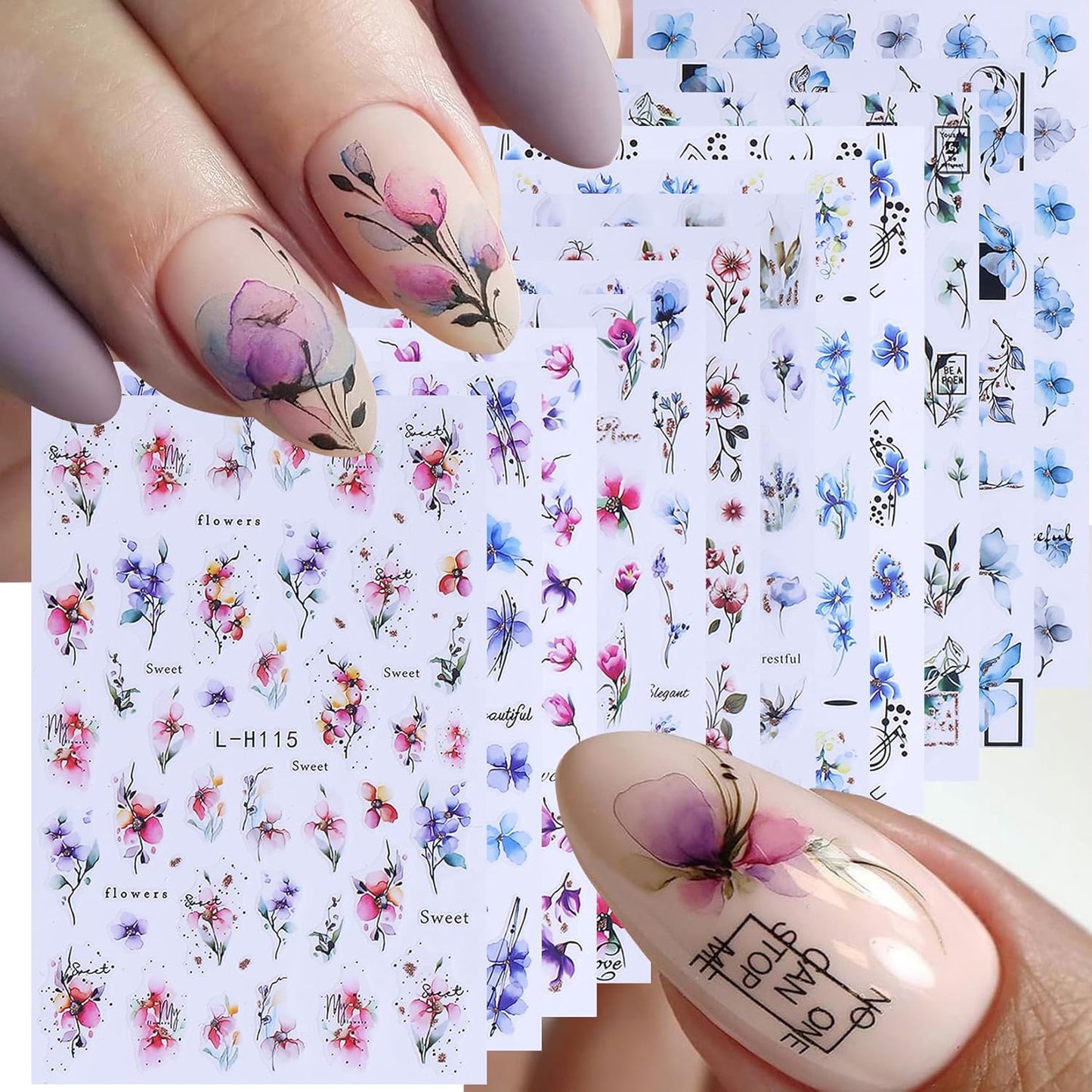 Ink Flower Nail Art Stickers 12 Sheets 3D Self-Adhesive Nail Decals with Tweezers Watercolor Floral Leaves Stickers Charming Blossom Flowers Designs Nail Art Supplies Manicure Accessories for Women