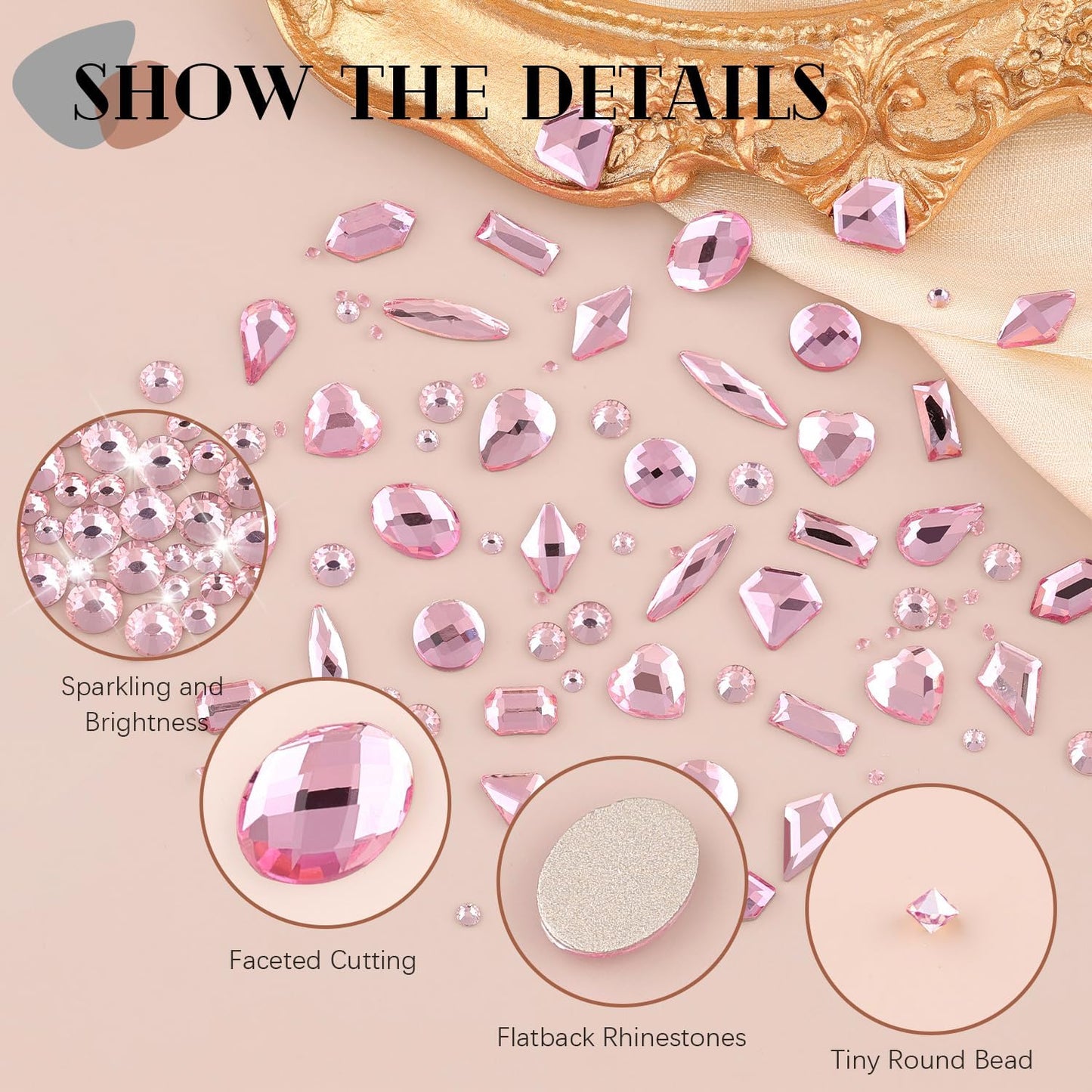 2060Pcs Pink Glass Nail Rhinestones 60Pcs Multi Shapes Flatback Nail Gems + 2000Pcs 1.5-4mm Round Crystal with Rhinestones Glue Gel, Manicure Nail Charms Diamond Gemstones for Nail Art