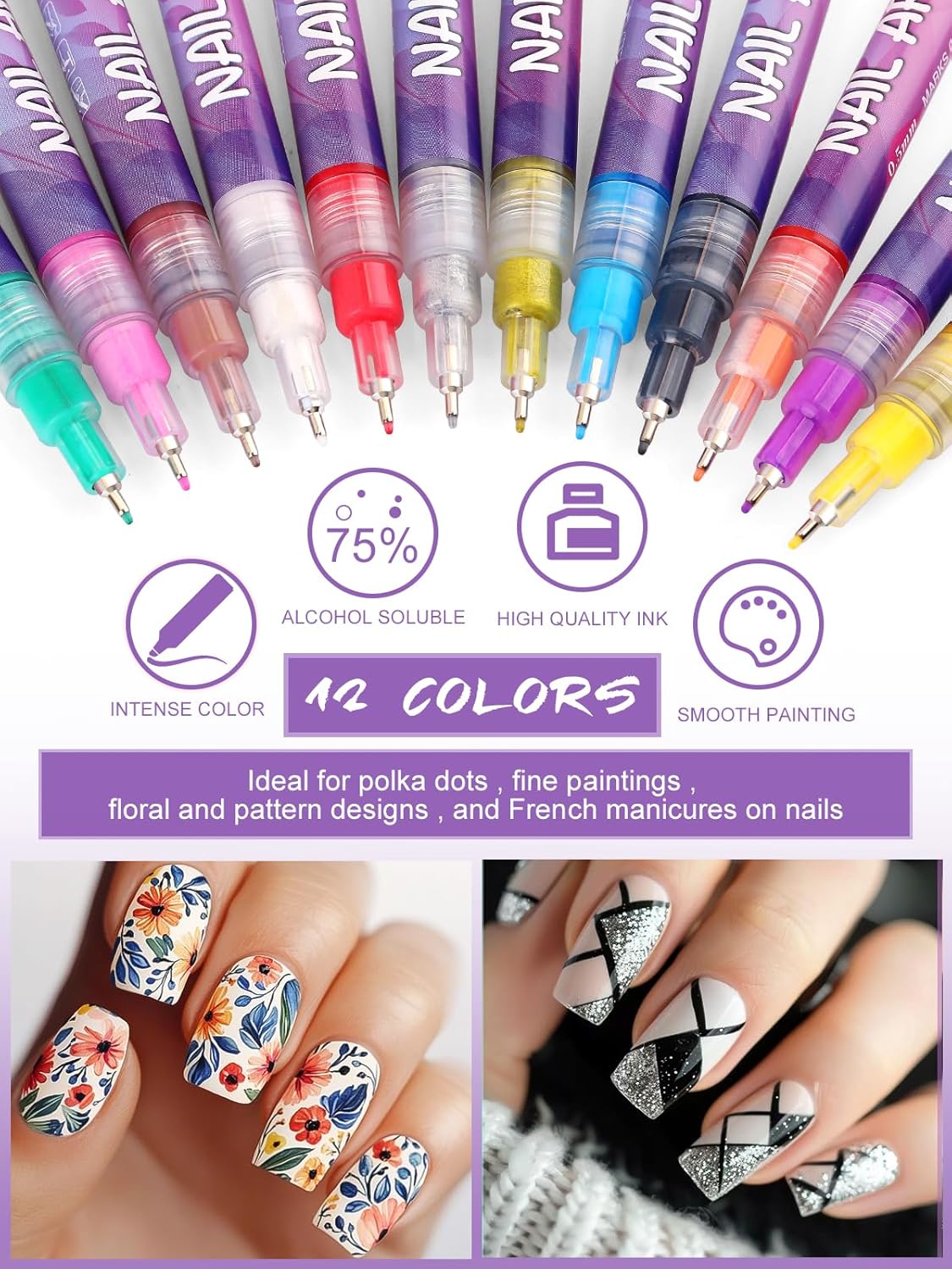 12 Color Acrylic paint pen Set, Kalolary Nail Polish Pens Nail Point Graffiti Dotting Pen Drawing Painting Liner Brush for DIY Nail Art Beauty Adorn Manicure Tools