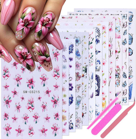 Flower Stickers for Nail Art Decals - 12 Sheets Spring Butterfly Nail Stickers with Tweezers 3D Floral Leaves Plant Nail Art Designs DIY Self Adhesive Daisy Blossom Nail Supplies Decorations