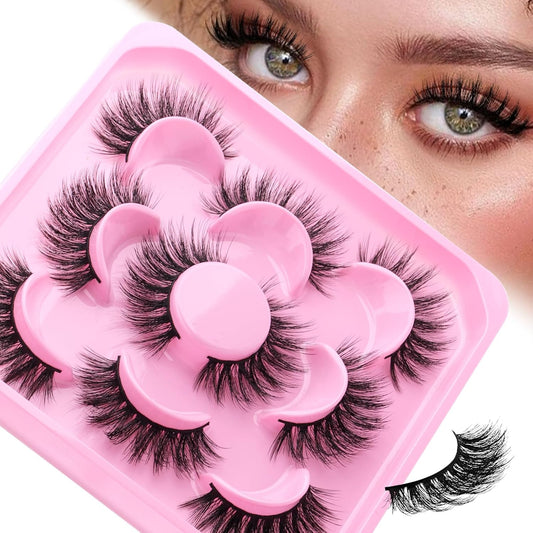 False Eyelashes Natural Look Black Cat Eye Lashes Comfortable Fake Lashes with Thin Band Wear, Pack 5 Pairs, LZEZ5 FADLASH