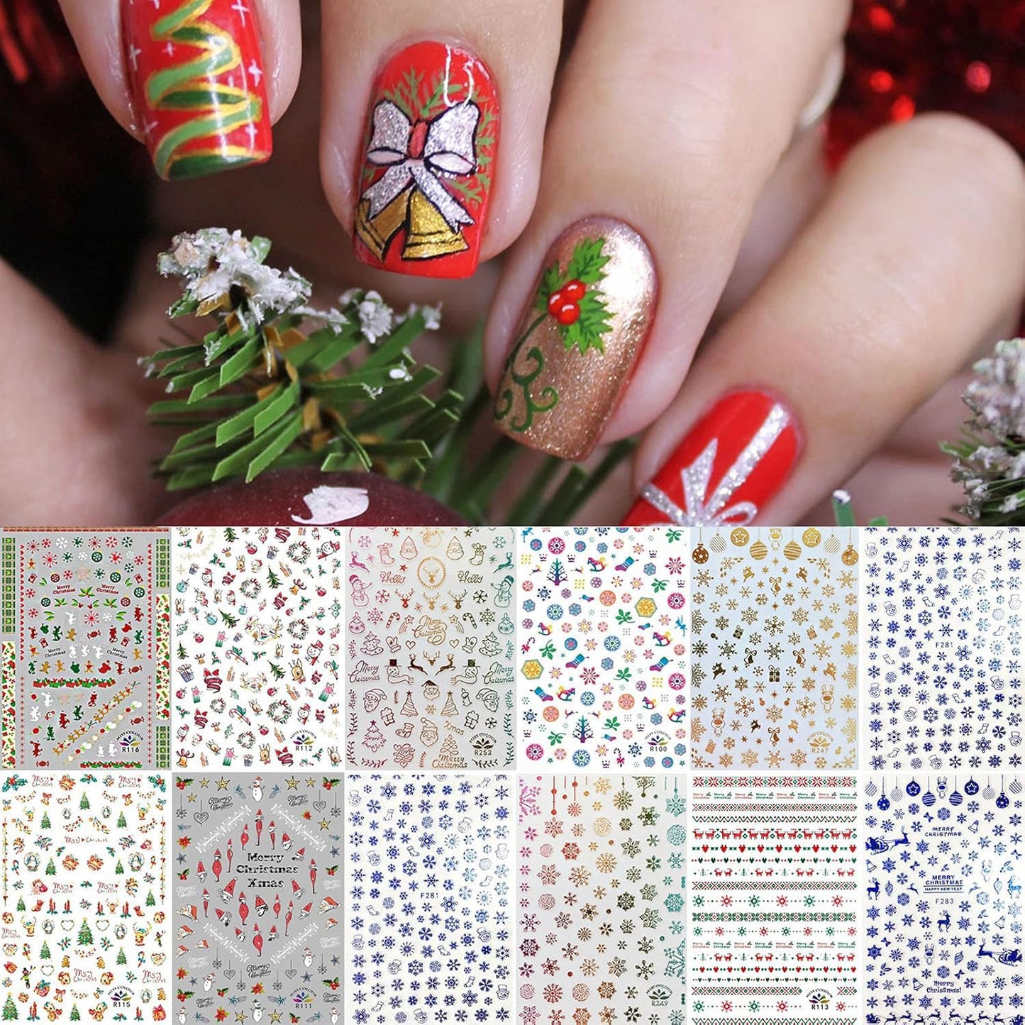 1500+ Patterns Christmas Nail Art Stickers Decals, Kalolary Self-adhesive Nail Stickers Santa Claus Snowflake Snowman Christmas Bell Tree Stick Elk for Christams Nail Decorations (12 Sheet Large Size)