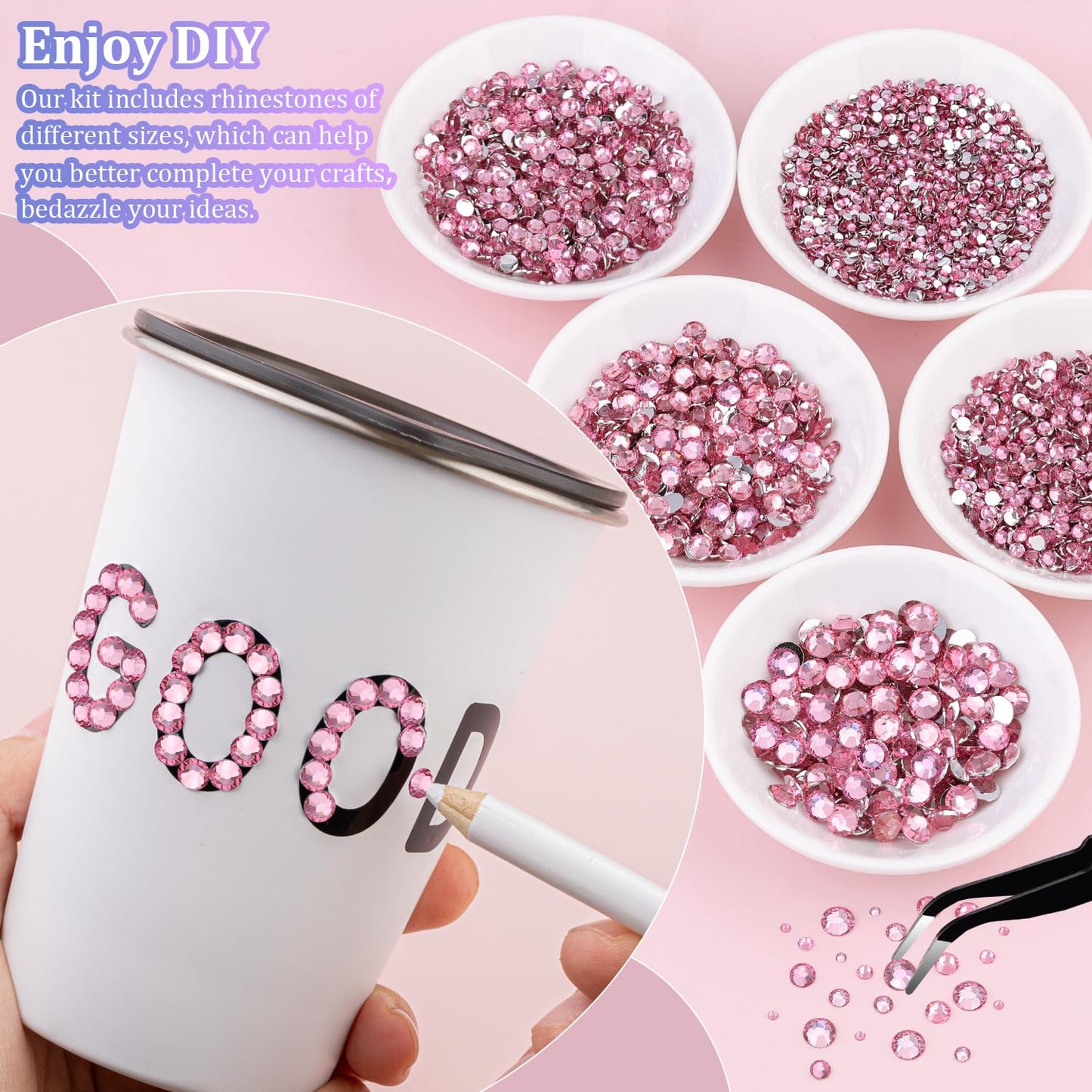 25000Pcs Resin Rhinestones with Tweezers for Crafting, Dark Pink 2-6mm Mixed Sizes Non Hotfix Flatback Gems, Bedazzling Crystal for DIY Craft Clothing Mugs Tumblers Shoes Fabric Decor Nail Art