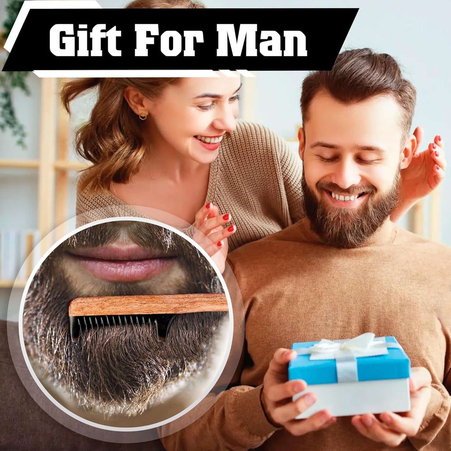 2-in-1 Beard Comb & Brush - Mustache & Beard Comb for Men. Handcrafted from Solid Wood, Buffalo Horn, and Cow Tail Hair. Comes in a Box, Perfect for Gifting.