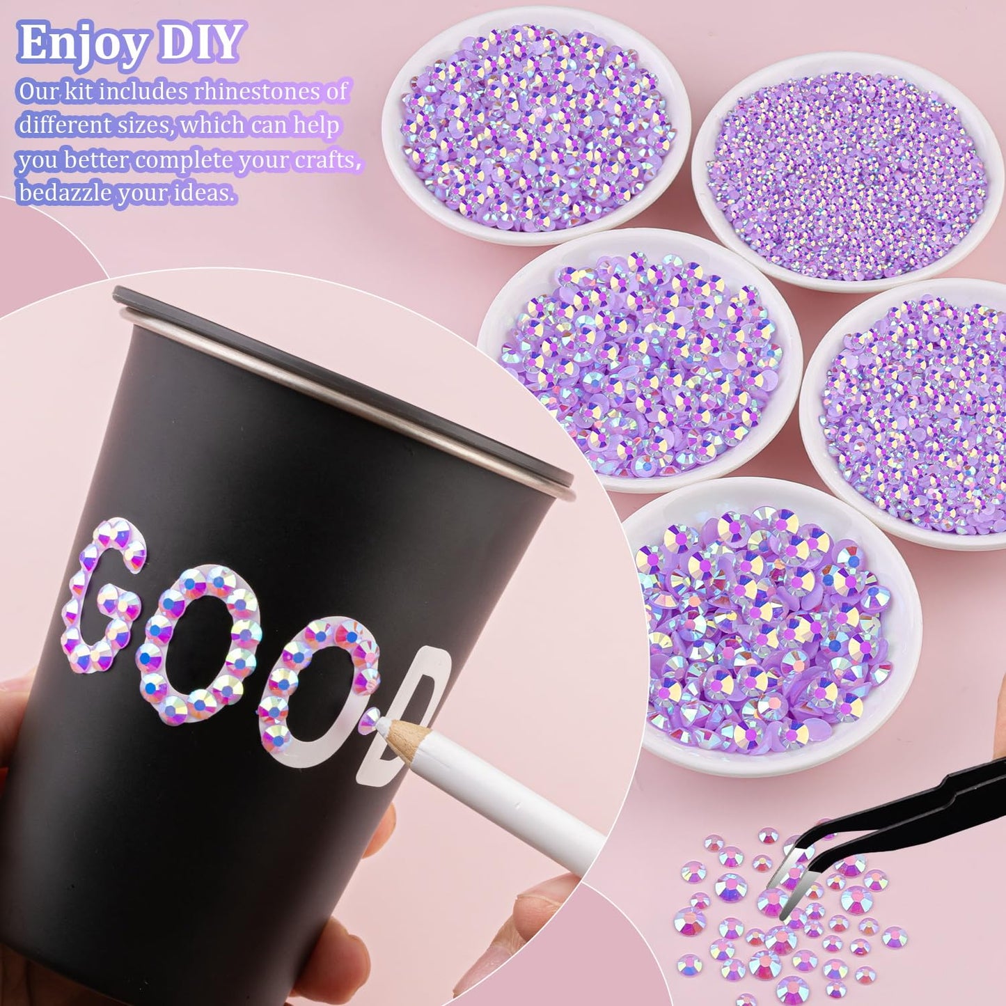 30000Pcs Resin Rhinestones for Bedazzling with Tweezers, Lavender Purple AB Rhinestones for Crafting with B7000 Jewelry Glue for DIY Crafts Clothing Tumblers Shoes Fabric Nail Art