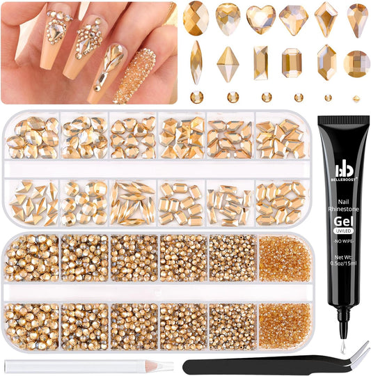 2680Pcs Champagne Gold Glass Nail Rhinestones 120Pcs Multi Shapes Flatback Nail Gems +2560Pcs 1.5-4mm Round Crystal with Rhinestones Glue Gel, Manicure Nail Charms Diamond Gemstone for Nail Art