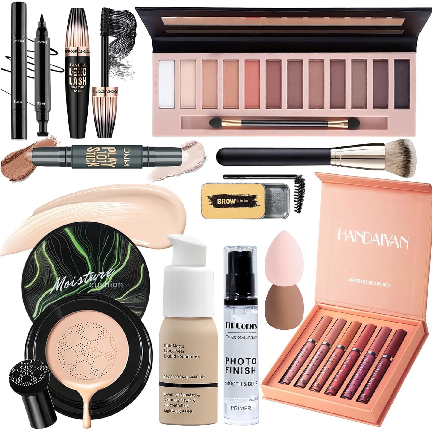 Face Primer, Makeup Brush and Sponges, Eyebrow Soap and Pencil, Mascara, Winged Eyeliner Stamp, cosmetic bag，Eyebrow Soap and Pencil, Mascara, Winged Eyeliner Stamp