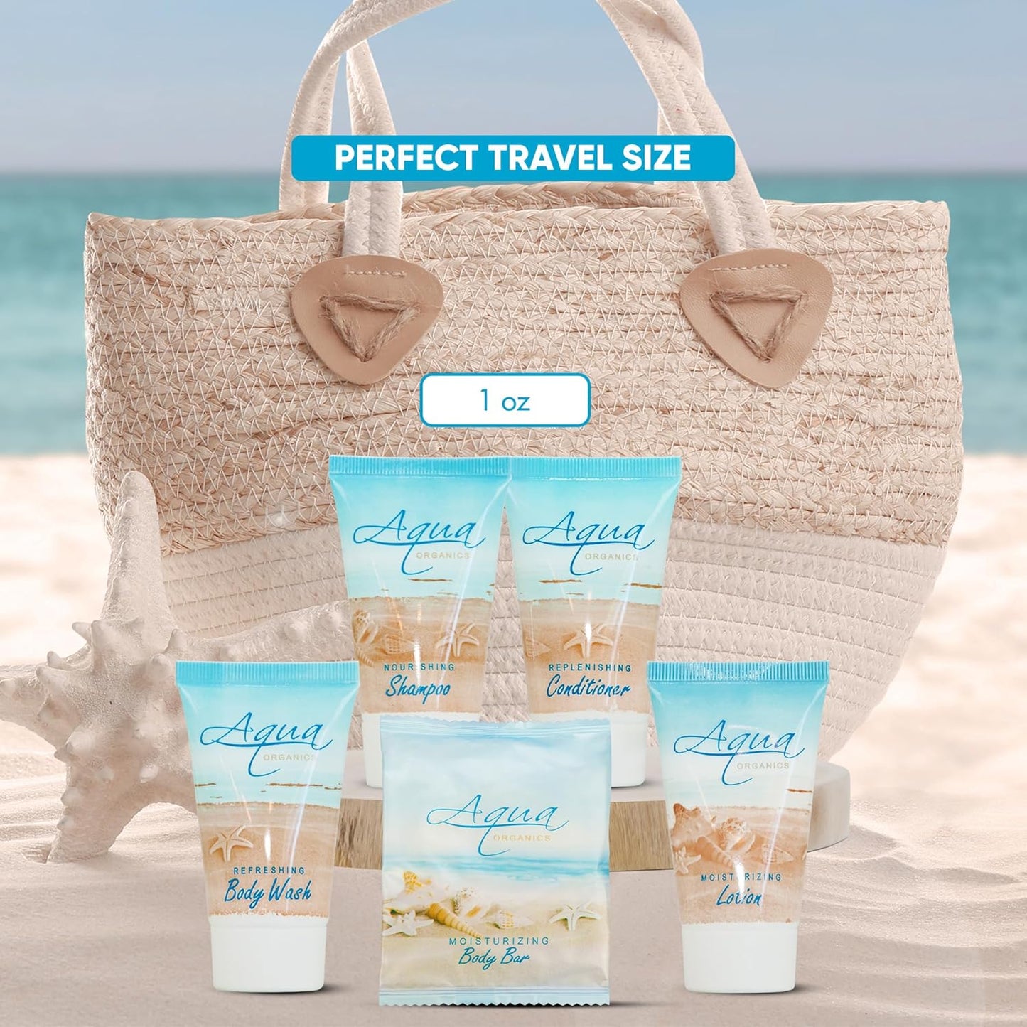 Aqua Organics Hotel Soaps and Toiletries Bulk Set | 1oz Hotel Shampoo & Conditioner, Body Wash, Body Lotion & 1oz Bar Soap Travel Size | 300 Pieces