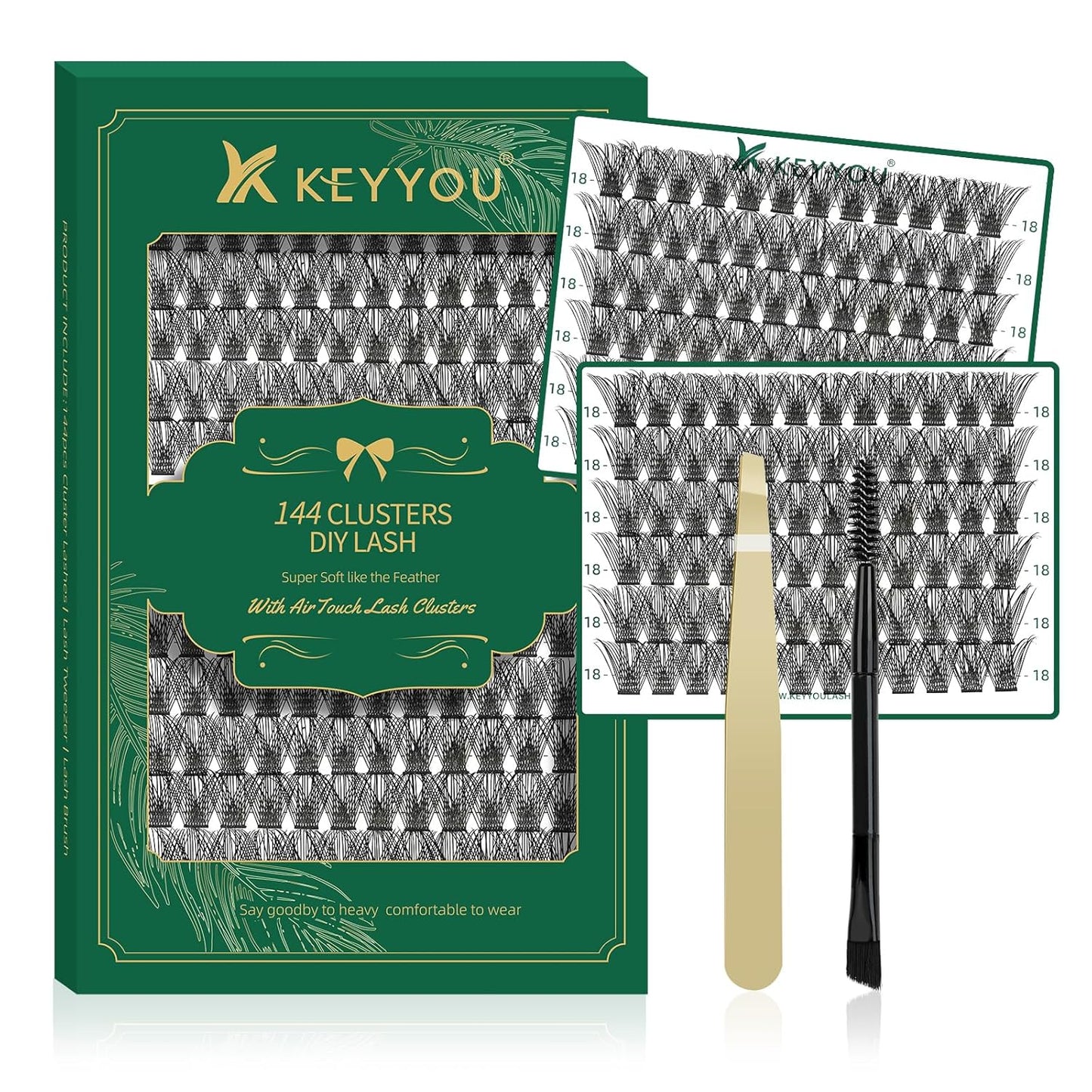 Lash Clusters 144pcs Individual Lashes D Curl 18mm Eyelash Clusters KEYYOU Air Touch Cluster Lashes Super Lightweight Soft Wispy Comfortable Easy DIY at Home(Air02-D-18mm)